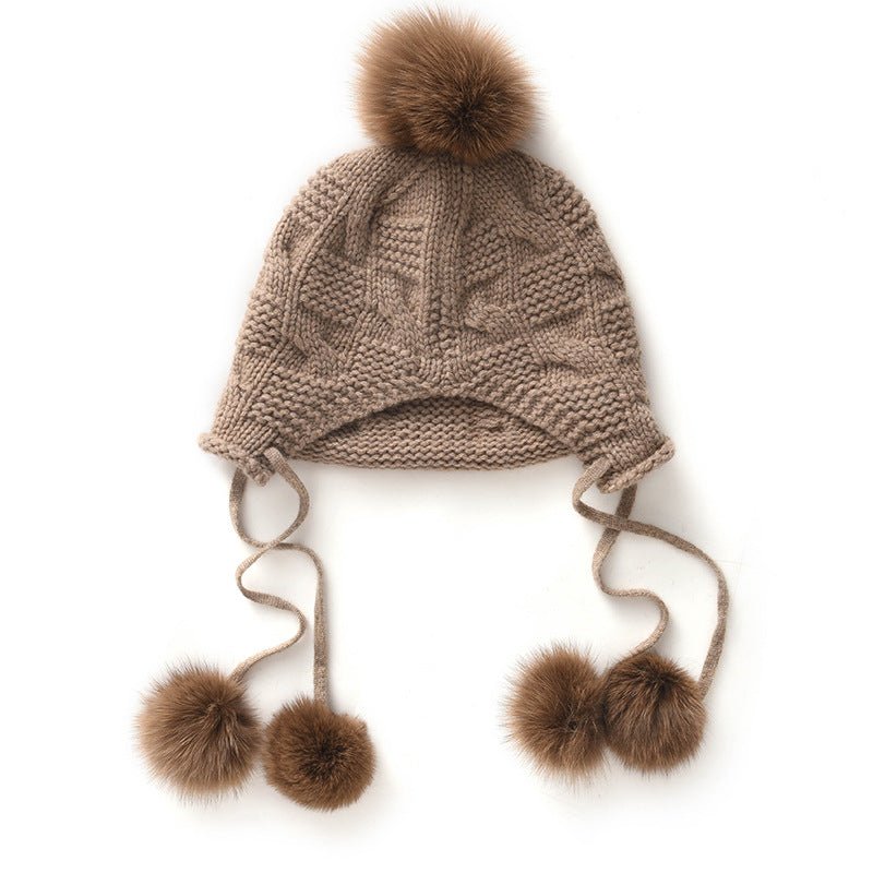 Womens Fur Pom Cashmere Knitted Beanie Ladies Cashmere Hat with Drop Fur Poms Cashmere Hats