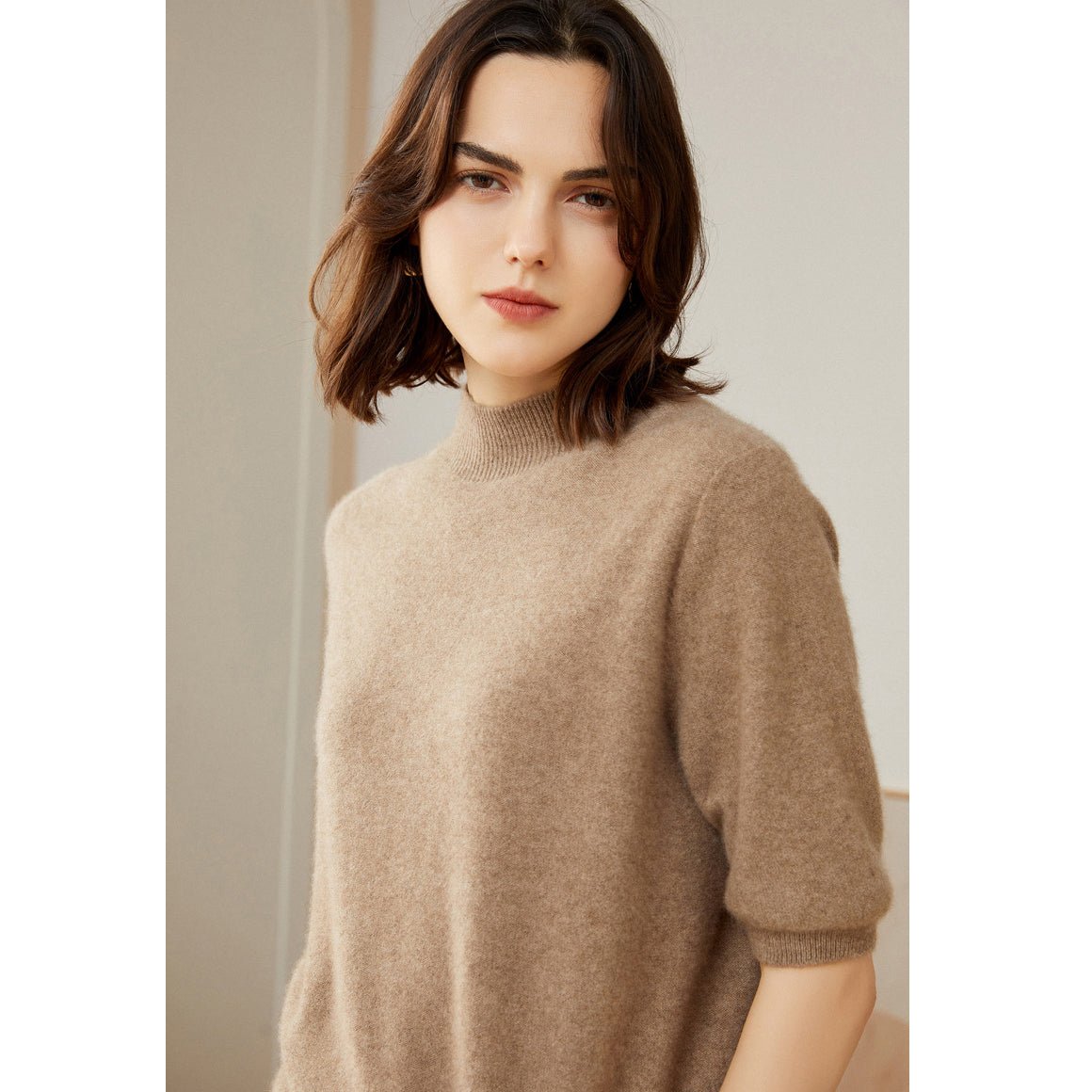 Womens Cashmere Mock Neck Sweater Half - Sleeve Superfine Sweater