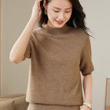 Women's Half Sleeves Cashmere Sweater Solid Colors Half Turtleneck Tops - slipintosoft