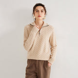 Womens Half-Zip Cable Knit Pure Cashmere Sweater Collared Cashmere Pullover Taupe XS