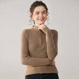 Womens Half-Zip Cashmere Sweater Mock Neck Ribbed Cashmere Pullover Taupe XS