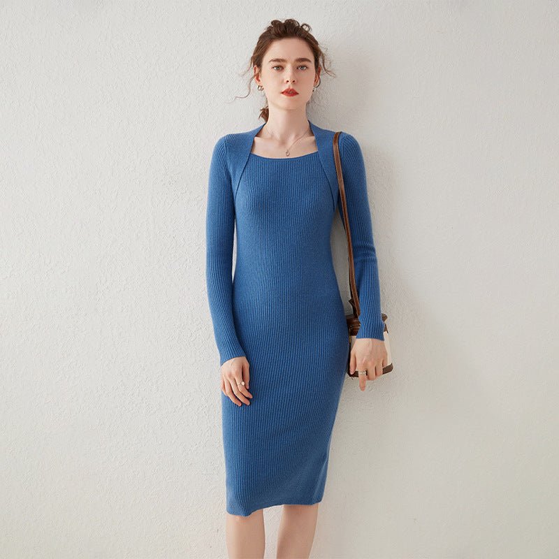 Womens Cashmere Ribbed Knit Midi Dress Long Sleeve Square Neck Dress