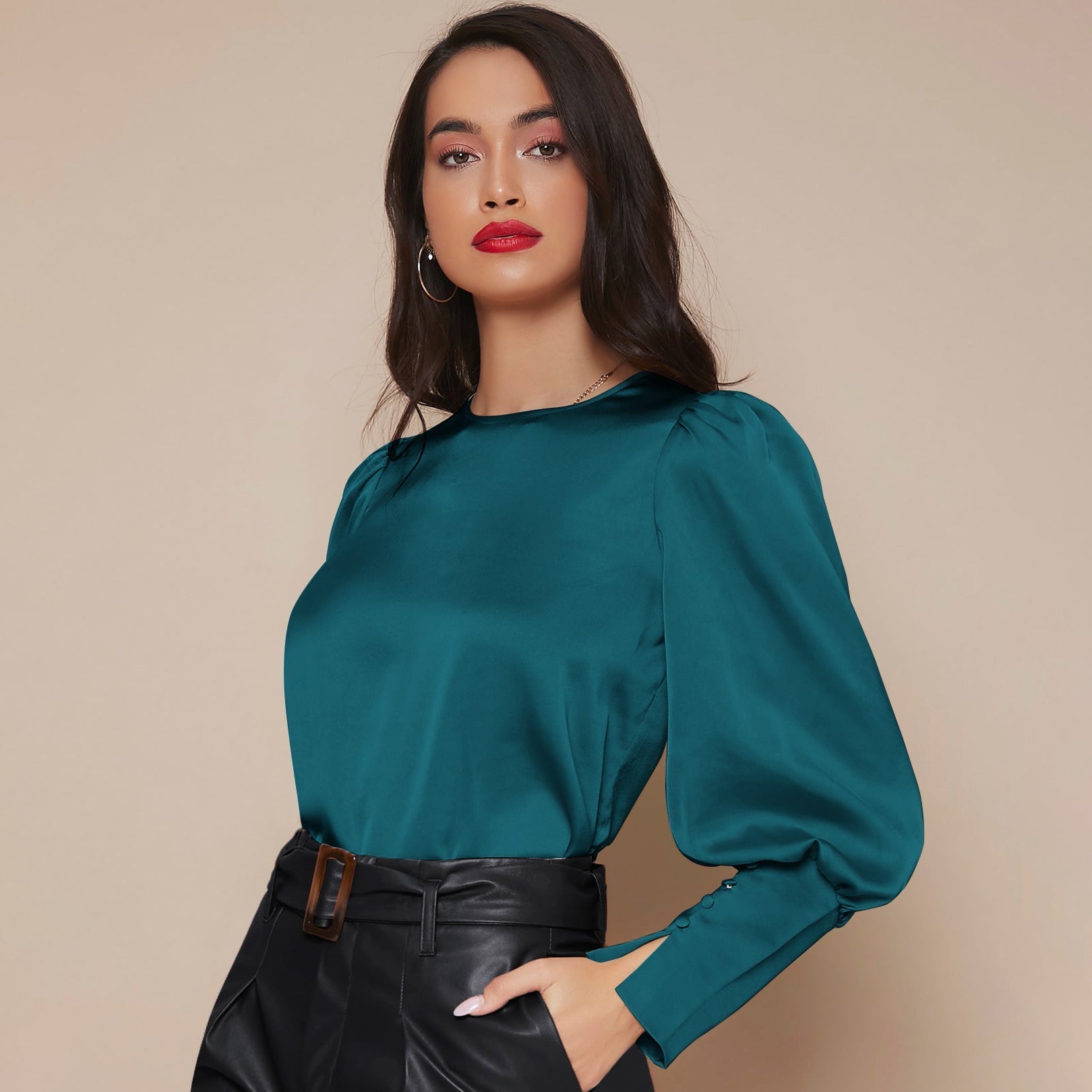 Women's Lantern Sleeve Silk Top Luxury 22mm Mulberry Long Sleeves Silk Shirt - slipintosoft