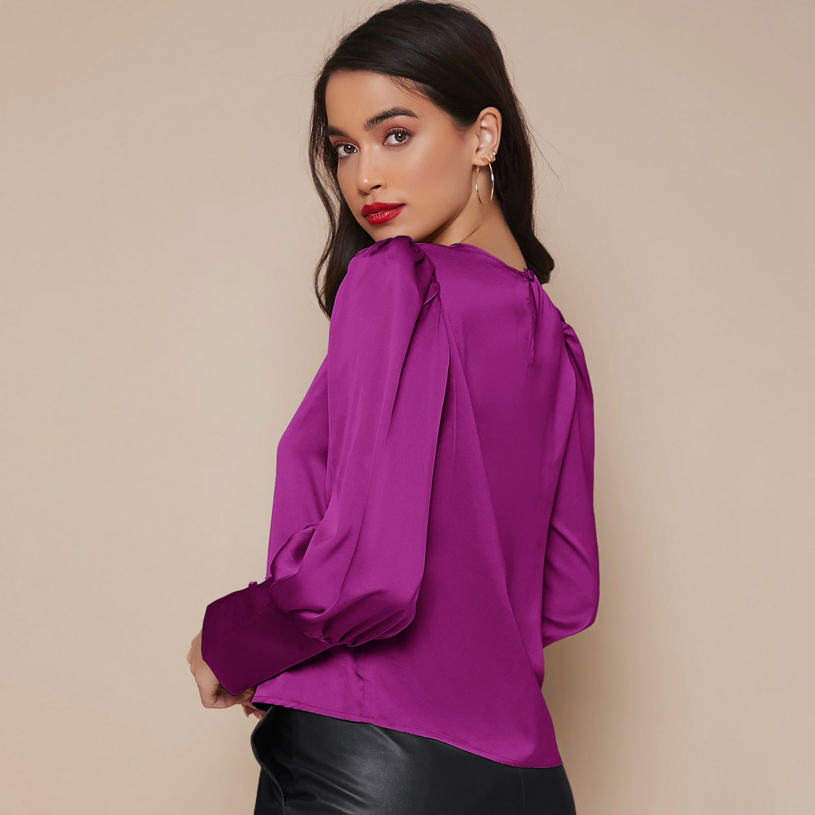 Women's Lantern Sleeve Silk Top Luxury 22mm Mulberry Long Sleeves Silk Shirt - slipintosoft