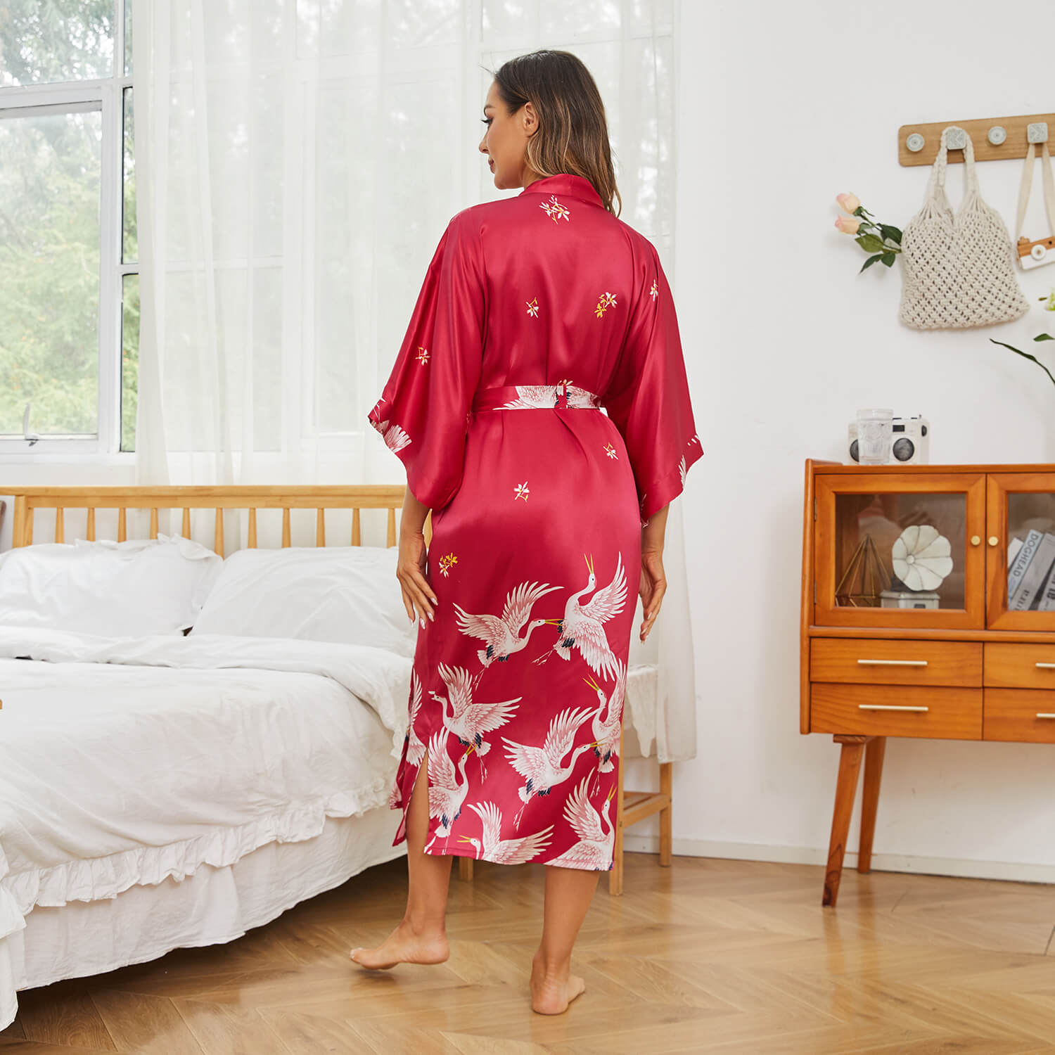 100% Silk Long Kimono Robe with Belt Women's Nighties Crane Prints - slipintosoft