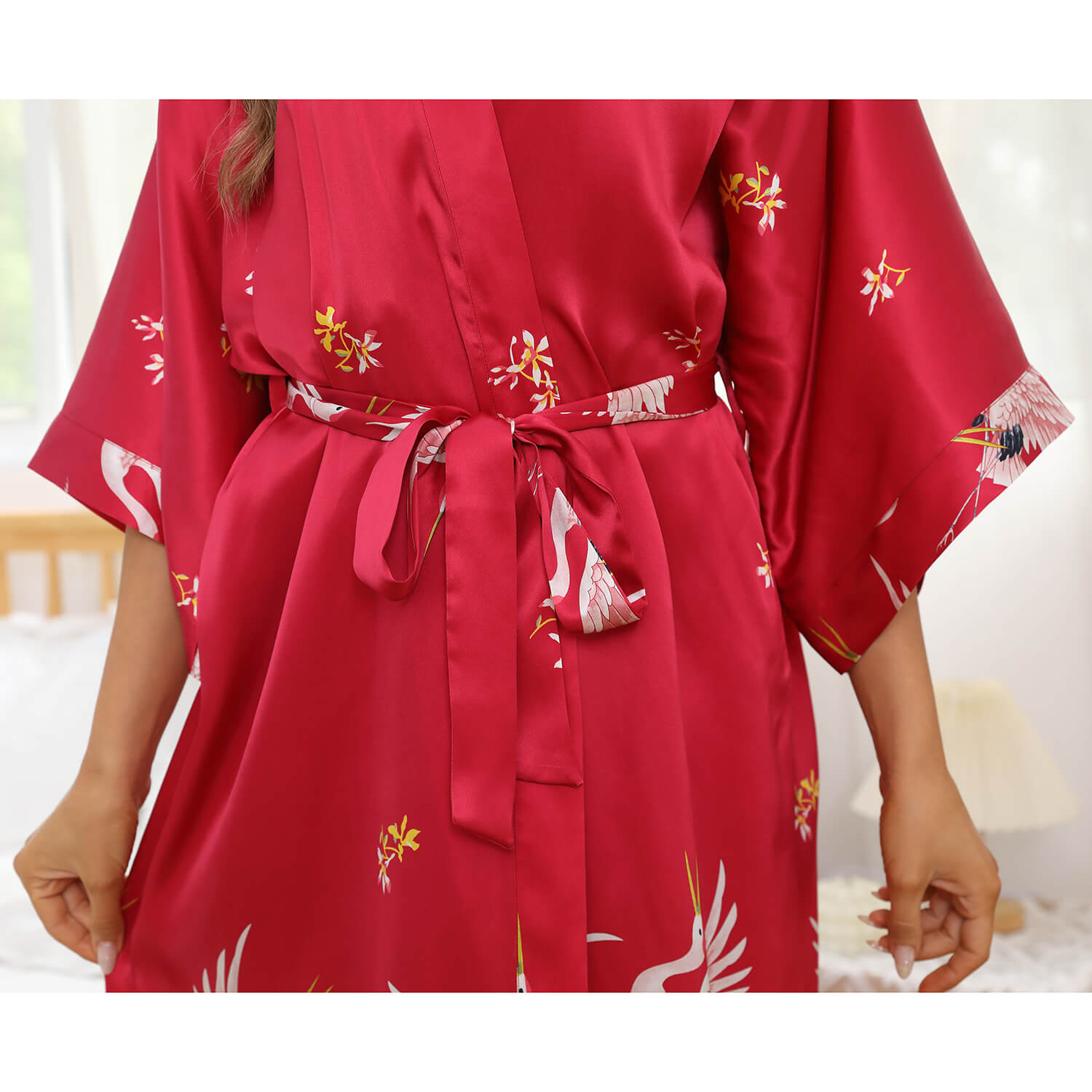 Long Silk Kimono Robe with Belt Crane Prints Women's Silk Robe - slipintosoft