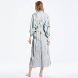 100% Long Mulberry Silk Kimono Robe Elegant Blue Butterfly Design for Women -  slipintosoft