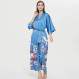 Women's 100% Silk Kimono Robe Blue Floral Printed 3/4 Sleeves Japanese Bath Robes All Sizes - slipintosoft