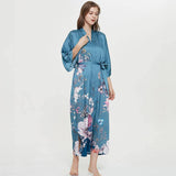 Women's 100% Silk Kimono Robe Blue Floral Printed 3/4 Sleeves Japanese Bath Robes All Sizes - slipintosoft