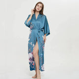 Women's 100% Silk Kimono Robe Blue Floral Printed 3/4 Sleeves Japanese Bath Robes All Sizes - slipintosoft