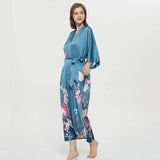 Women's 100% Silk Kimono Robe Blue Floral Printed 3/4 Sleeves Japanese Bath Robes All Sizes - slipintosoft