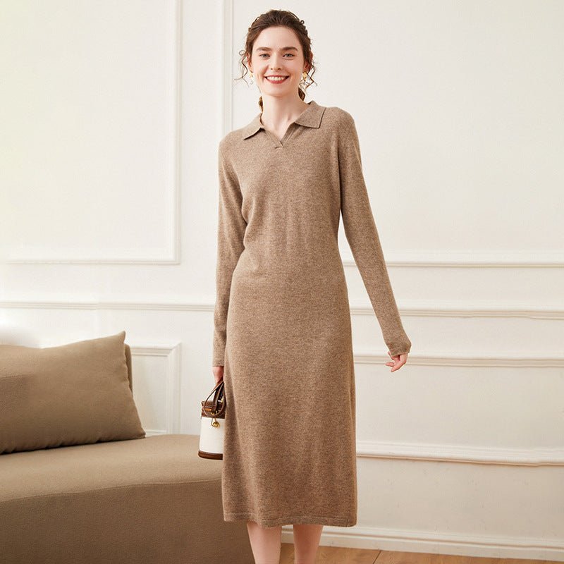 Women's Long Sleeves Cashmere Dresses Polo Neck Slim Fit Cashmere Dress - slipintosoft