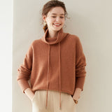 Women's Loose Tie Mock Neck Cashmere Sweater Long Sleeve Warm Cashmere Tops - slipintosoft