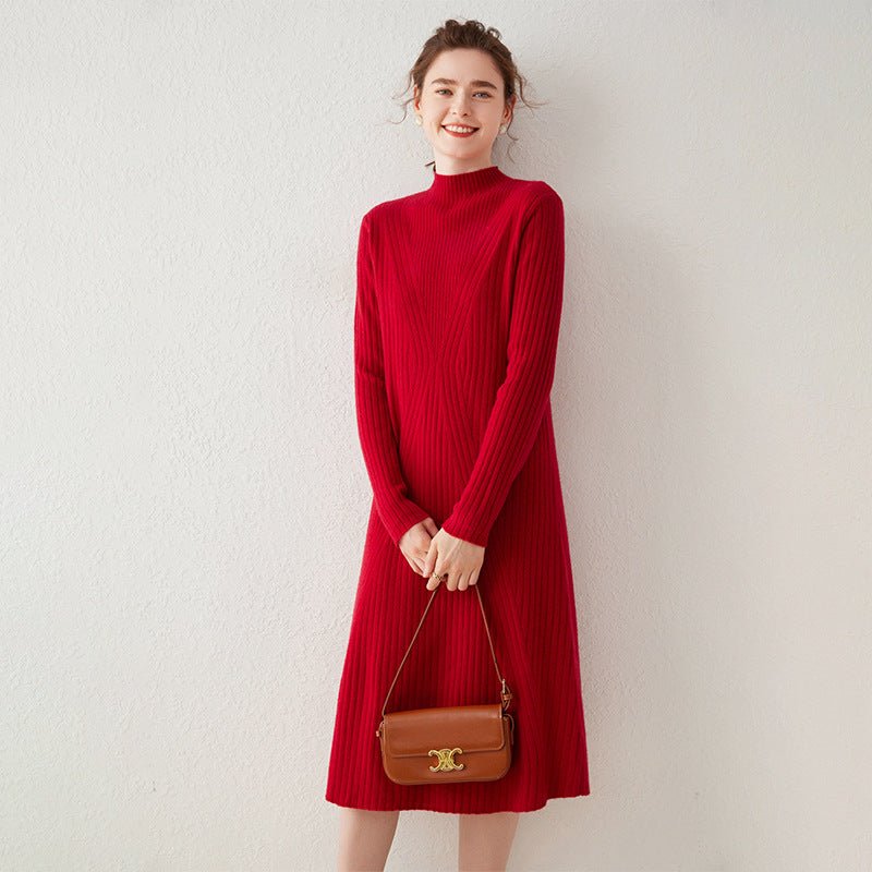 Womens Mock Neck Cashmere Dress Cashmere Midi Dress Bottom Dress Red XS