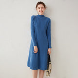 Womens Mock Neck Cashmere Dress Cashmere Midi Dress Bottom Dress Blue XS