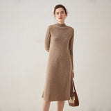 Womens Mock Neck Cashmere Dress Cashmere Midi Dress Bottom Dress Beige XS