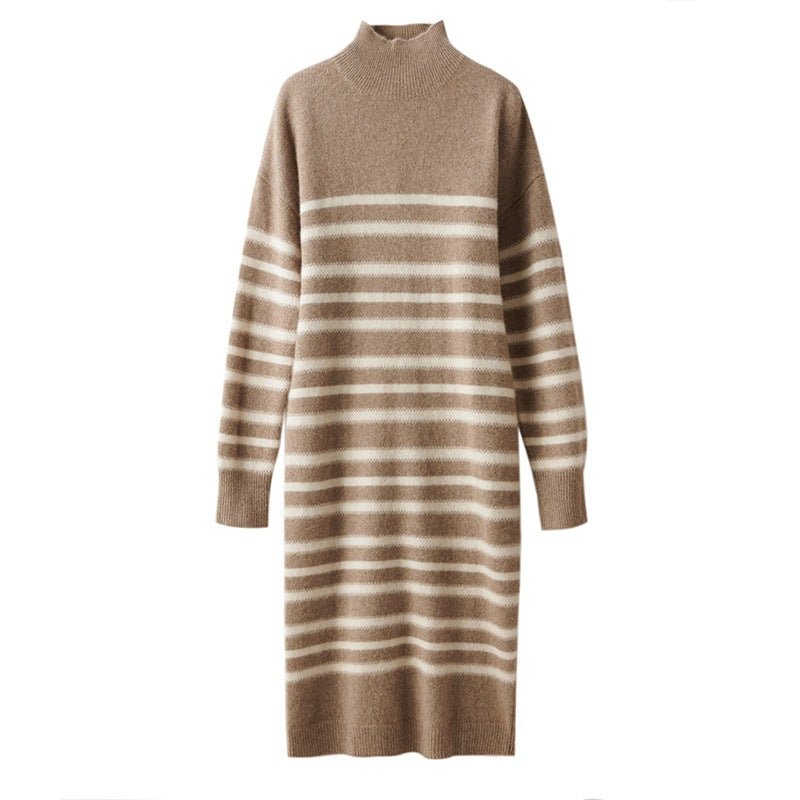 Women's Mock Neck Cashmere Dress Striped Midi Cashmere Sweater Dresses - slipintosoft