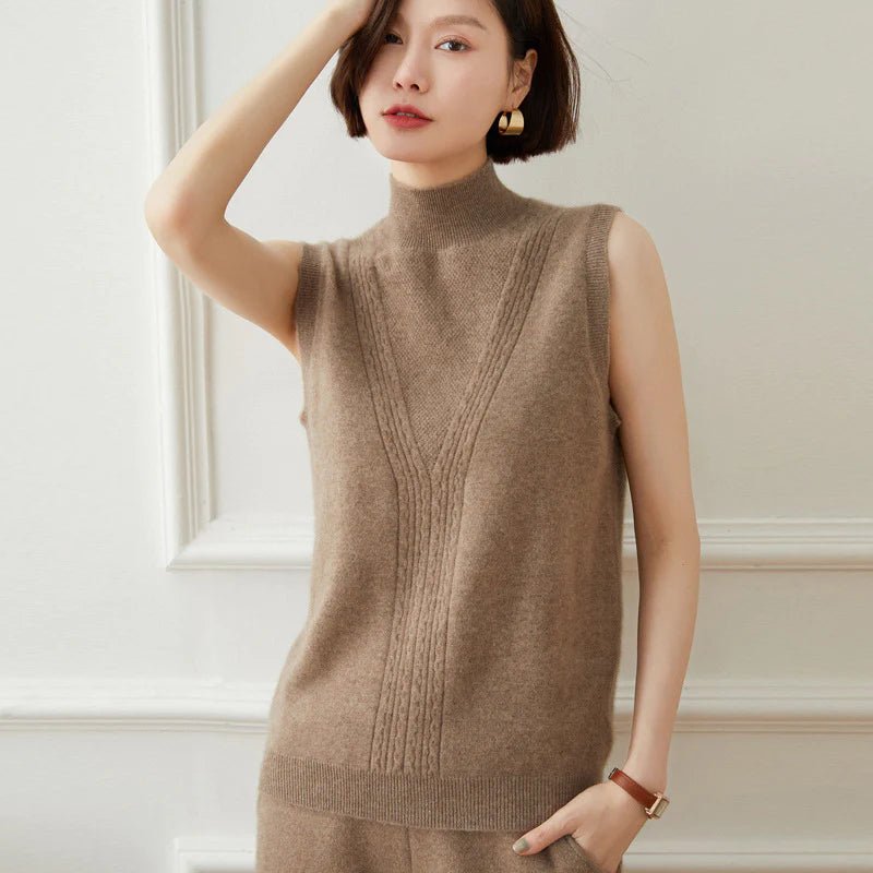 Womens Mock Neck Sleeveless Cashmere Vest With Cable Knit Detailing