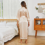 Women Silk Kimono Robe Long Bridesmaid Robe with Lace Trim - slipintosoft