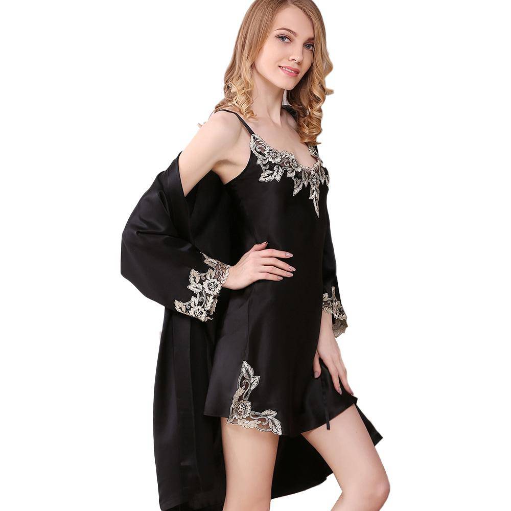 Women's 100% Pure Silk Nightgown And Robe Set With Lace