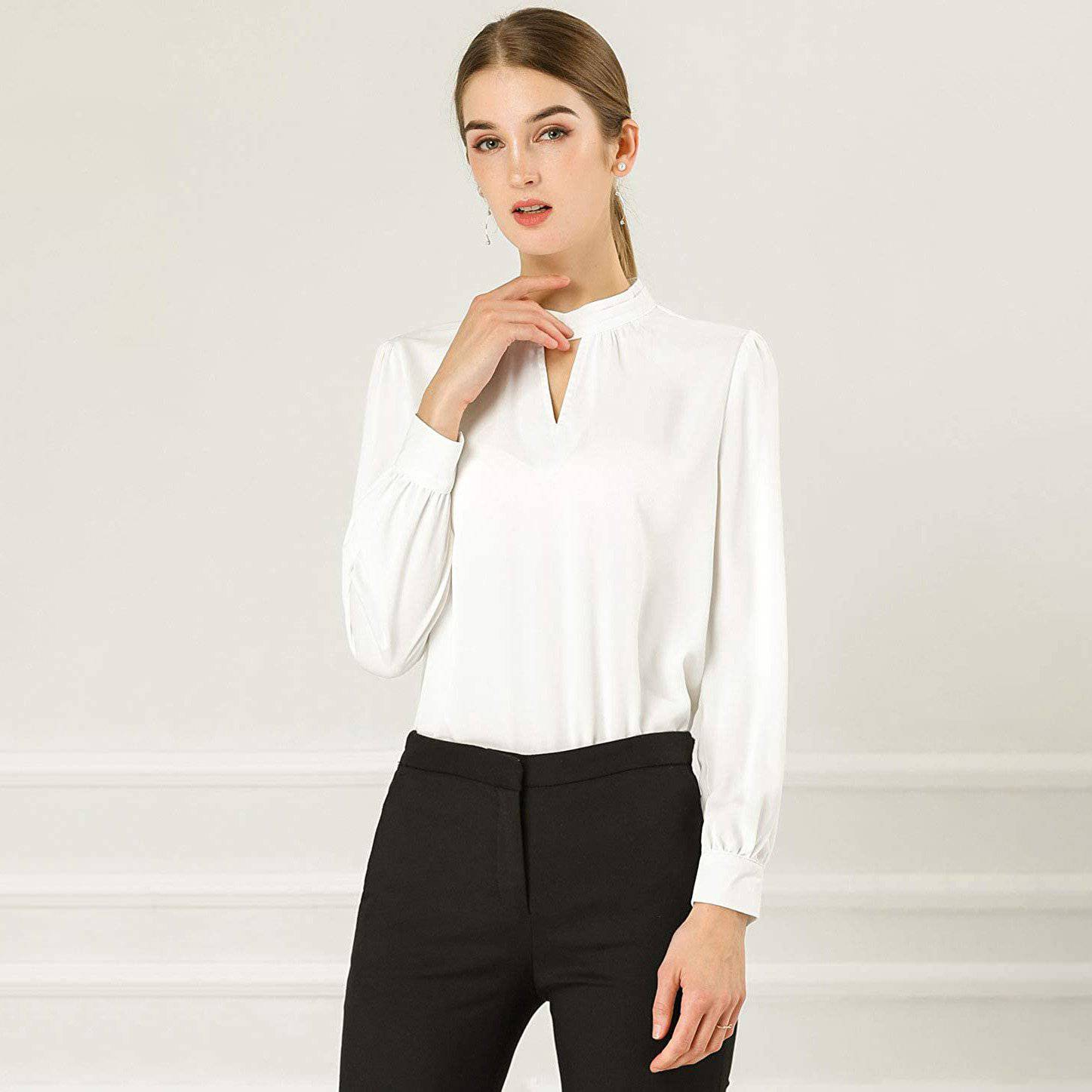 Women's Office Silk Shirt Keyhole Elegant Stand Collar Long Sleeve Silk Blouses - slipintosoft