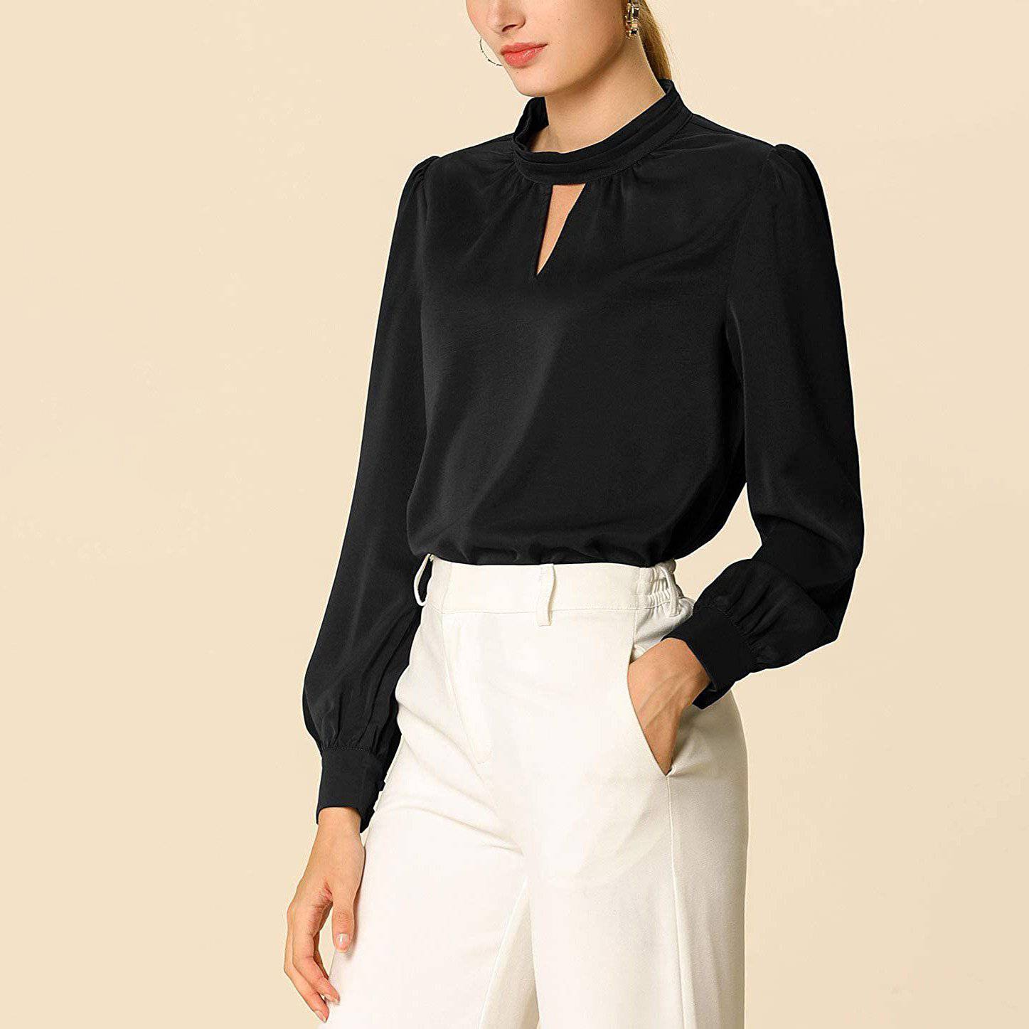 Women's Office Silk Shirt Keyhole Elegant Stand Collar Long Sleeve Silk Blouses - slipintosoft