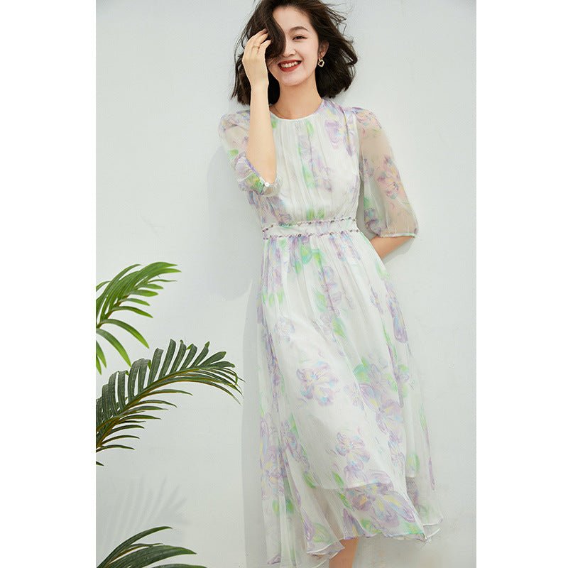 Womens Pastel Floral Silk Midi Dress Sheer Sleeve White Silk Dress