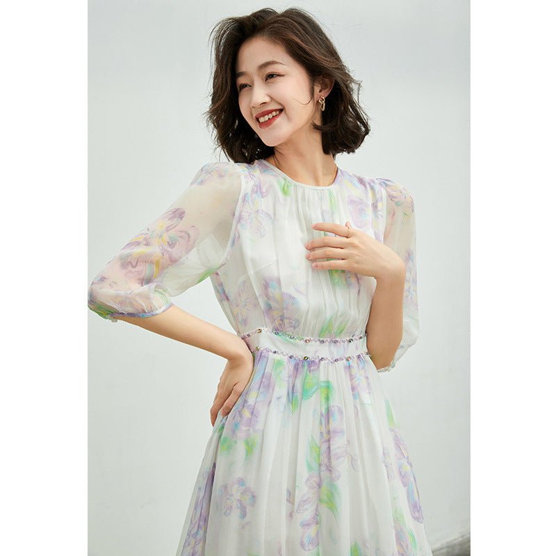 Womens Pastel Floral Silk Midi Dress Sheer Sleeve White Silk Dress