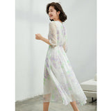 Womens Pastel Floral Silk Midi Dress Sheer Sleeve White Silk Dress