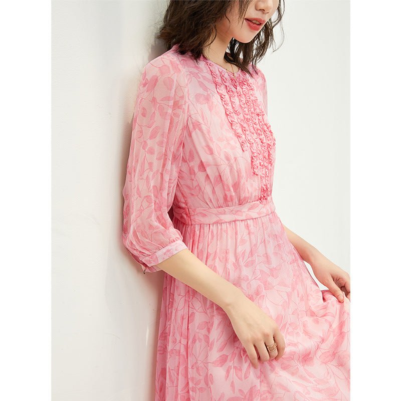Womens Pink Embroidered Silk Midi Dress with Ruffle Details