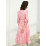 Womens Pink Embroidered Silk Midi Dress with Ruffle Details