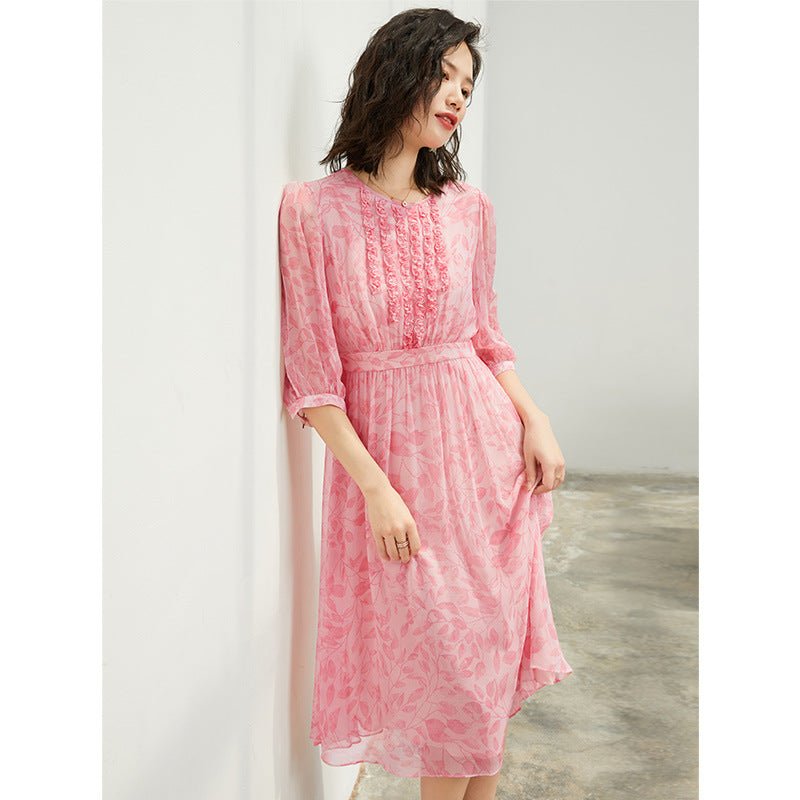 Womens Pink Embroidered Silk Midi Dress with Ruffle Details