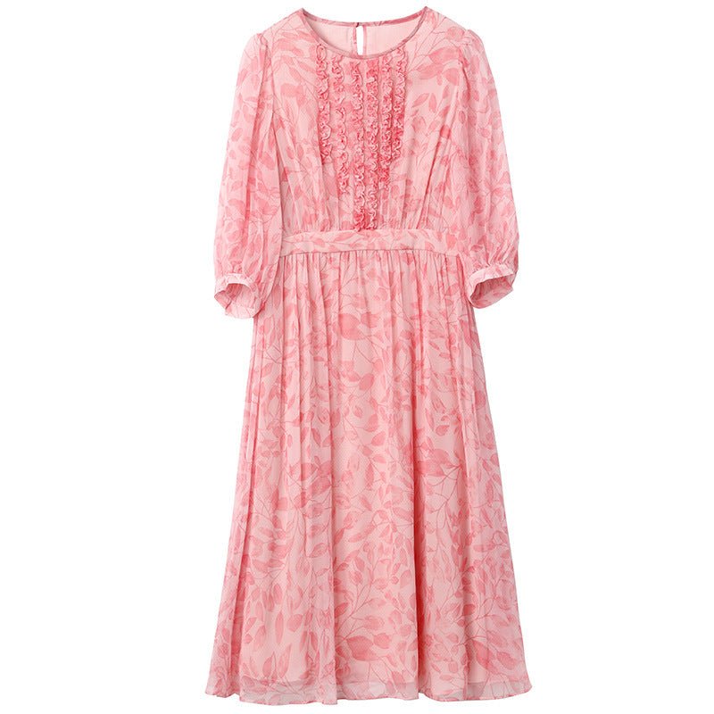 Womens Pink Embroidered Silk Midi Dress with Ruffle Details