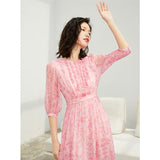 Womens Pink Embroidered Silk Midi Dress with Ruffle Details