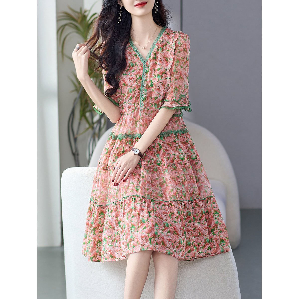 Womens Pink Floral Silk Dress with Green Lace Trim