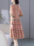 Womens Pink Floral Silk Dress with Green Lace Trim