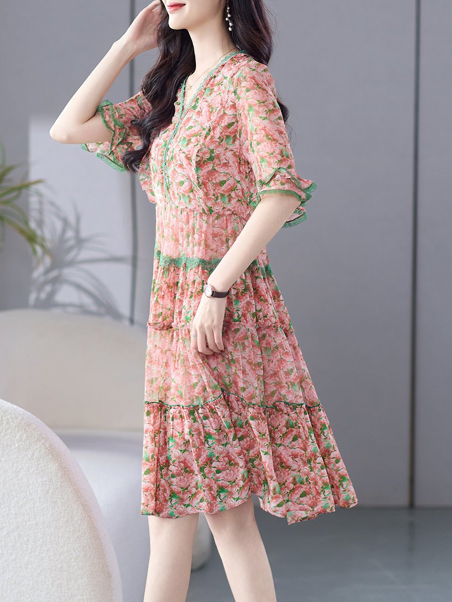 Womens Pink Floral Silk Dress with Green Lace Trim