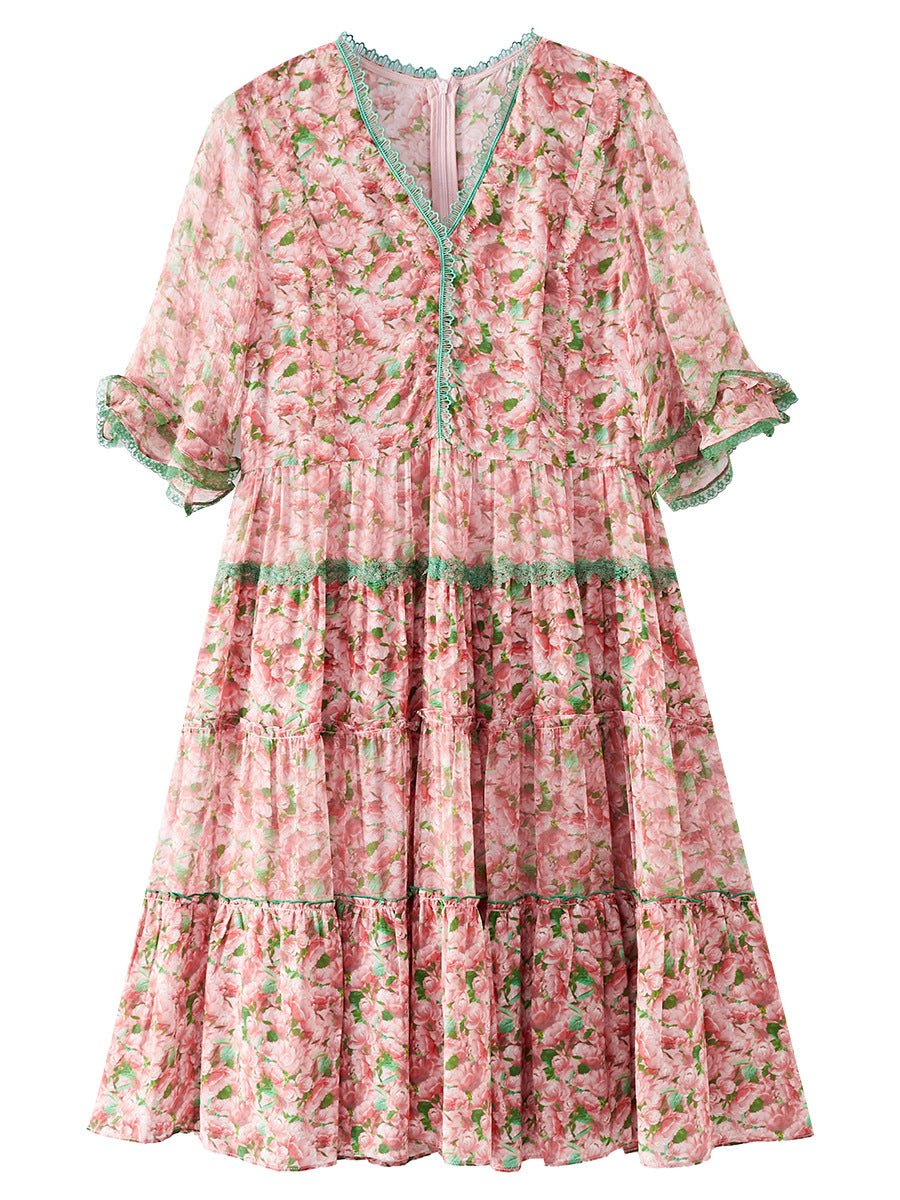 Womens Pink Floral Silk Dress with Green Lace Trim
