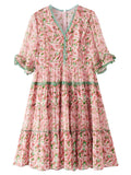 Womens Pink Floral Silk Dress with Green Lace Trim