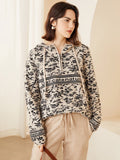 Women Pure Cashmere Hoodie Half - Zip Jacquard Drawstring Cashmere Hoody