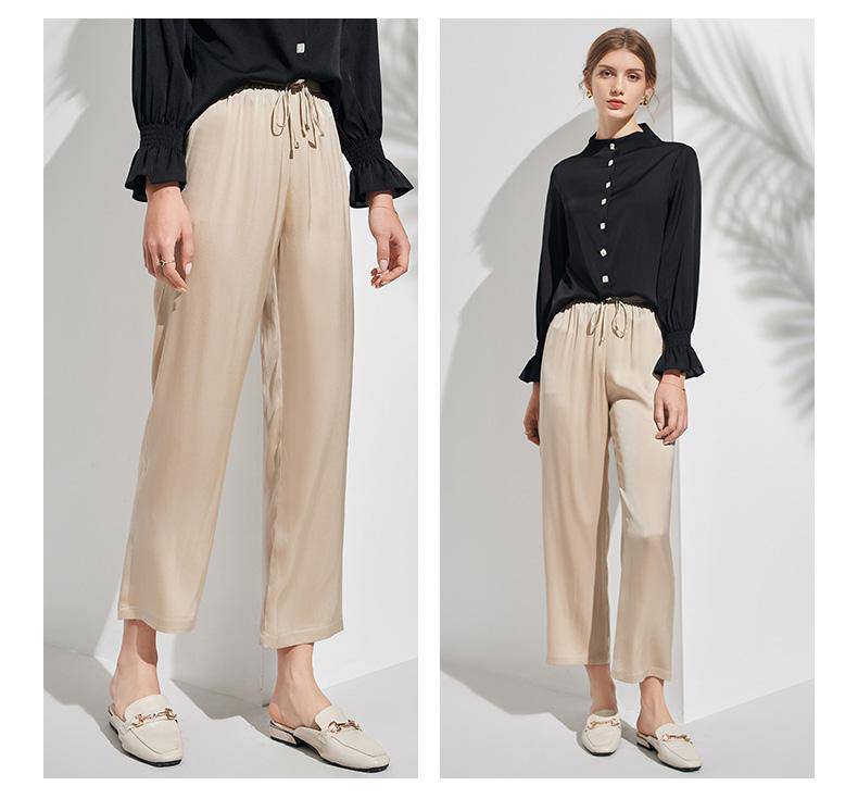 Women Silk cropped pants Long Wide-leg Mulberry Silk trousers - slipintosoft