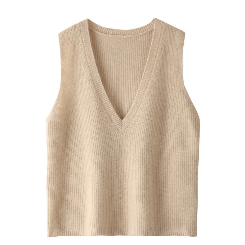 Womens V - Neck Sleeveless Cashmere Vest Ribbed Trim Cashmere Waistcoat