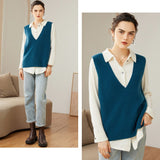 Womens V - Neck Sleeveless Cashmere Vest Ribbed Trim Cashmere Waistcoat