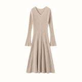 Womens Ribbed V-Neck Cashmere Midi Dress with Flared Sleeves Beige XS