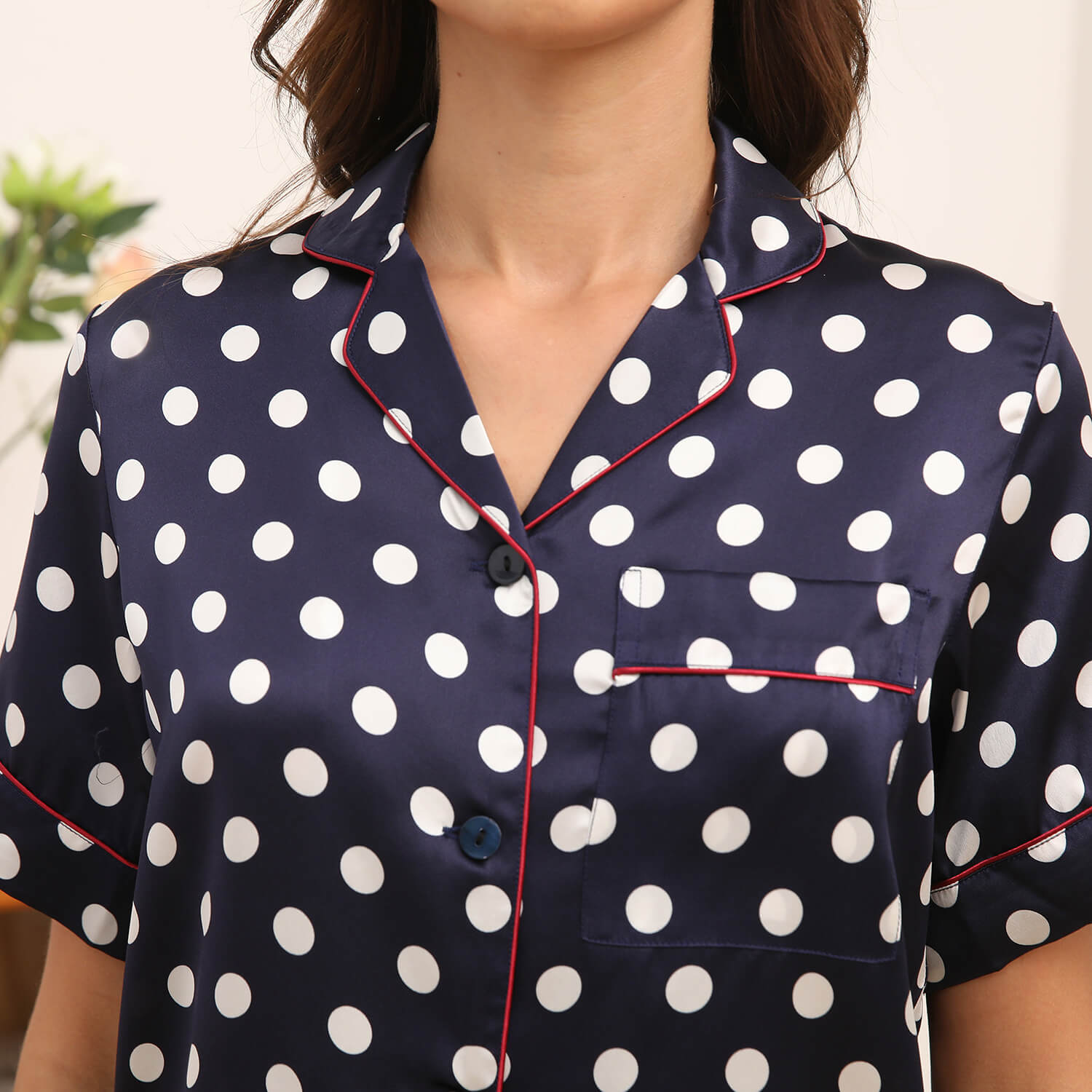 Women's Short Silk Pajamas Set Polka Dots Print Silk Sleepwear printed silk sleepwear