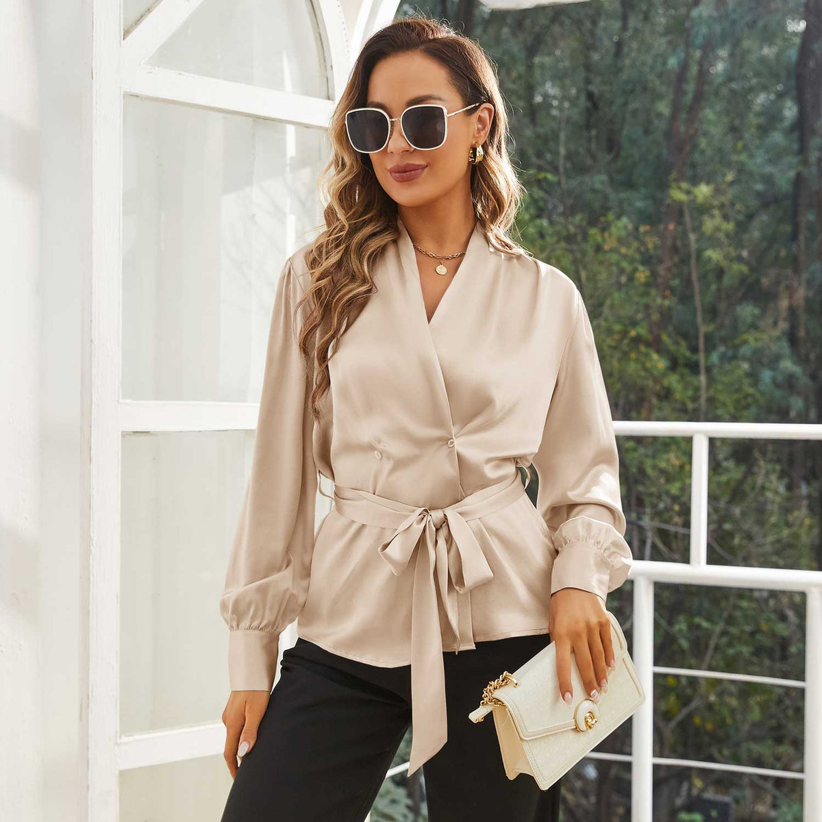 Womens Silk Blouse 100% Long Sleeves Silk Wrap Blouse