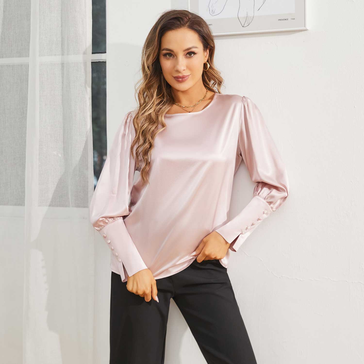 Womens 100% Silk Blouse Ladies Long Sleeve Work Crew Neck Silk Shirts Top - slipintosoft