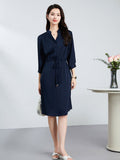 Womens Silk Dress Long Sleeve Silk Shirt Dress with Drawstring Waist Navy Blue XS