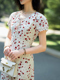 Womens Silk Floral Dress V Neck Silk Midi Dress Flutter Sleeves Silk Dress