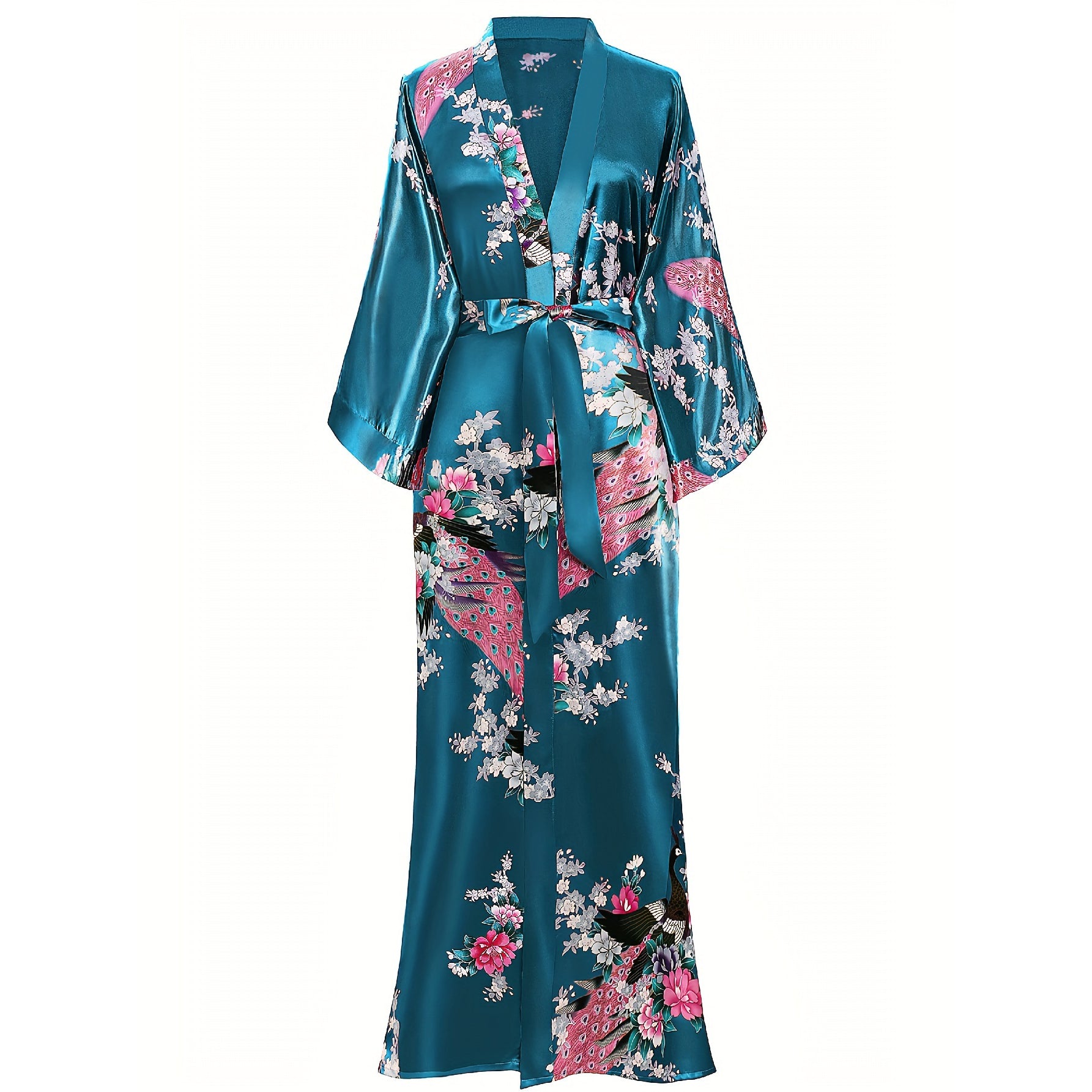 Womens Silk Kimono Peacock and Floral Print Kimono Silk Long Silk Robe